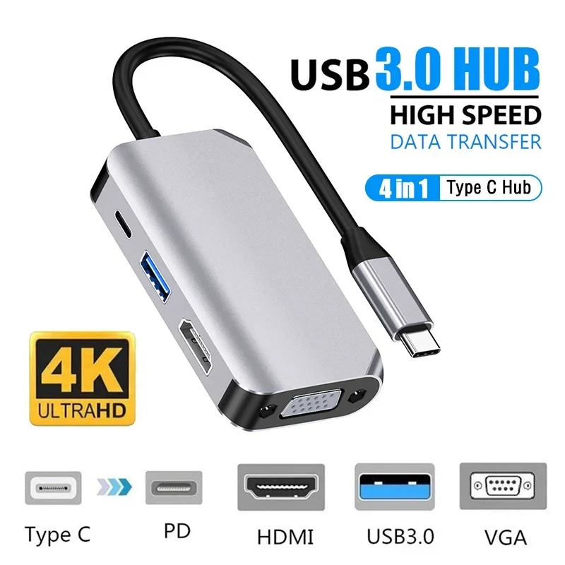 

USB C to HDMI VGA Adapter 4 in 1 Thunderbolt 3 with HDMI Ports 4K, USB 3.0 Port, Power Delivery Port Compatible with MacBook Pro