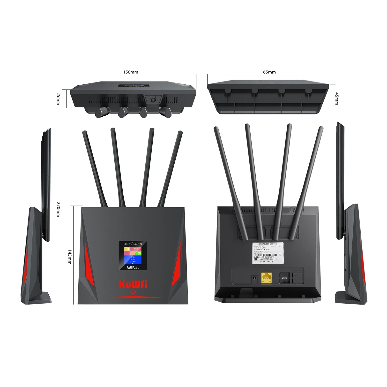 KuWFi CAT4 4G Router 2,4 GHz WLAN-Router HOME Tragbarer LTE-Router mit SIM-Kartensteckplatz Externe Antennen mit hoher Verstärkung RJ45-USB-Anschluss
