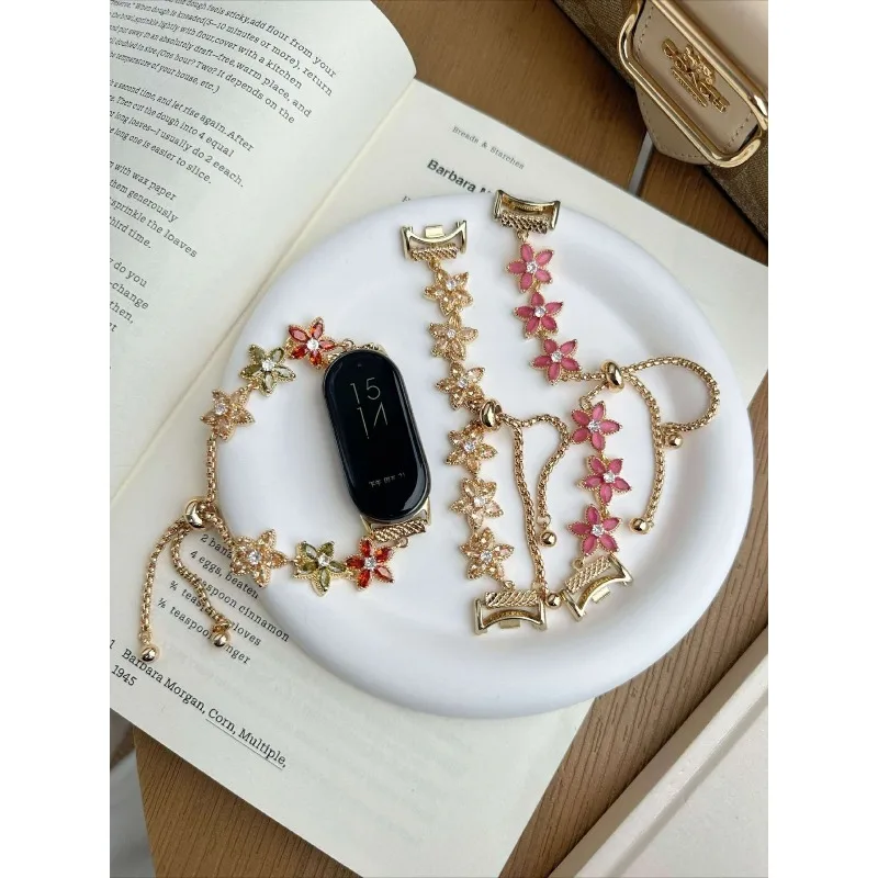 Elegant Pink Cherry Flower Rhinestone Wristband for Apple Watch S11 10 9 8 7 6 Women Gold Chain for IWatch Band 38‑49mm Bracelet