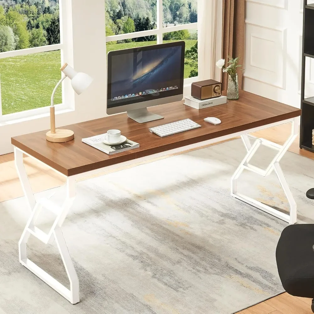 Large Home Office Desk with Engineered Wood Top and Metal Frame, Rustic Workstation