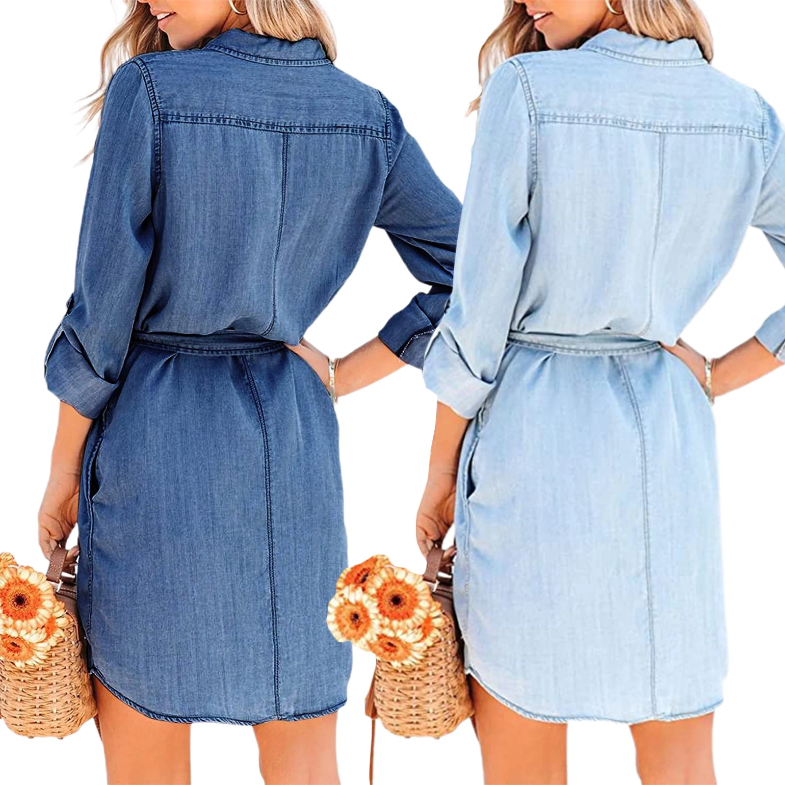 2022 Autumn Women Long Dress Long Sleeve Shirt Dress Denim Long Dresses Pocket Button Shirt Print Dress Casual Loose Dresses