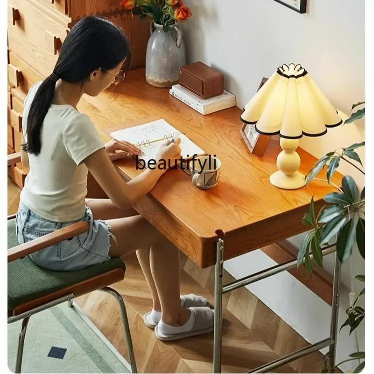 

X Solid Wood Small Desk for Students, Home Use, Stainless Steel Cherry Wood Computer Office Desk, Small Apartment