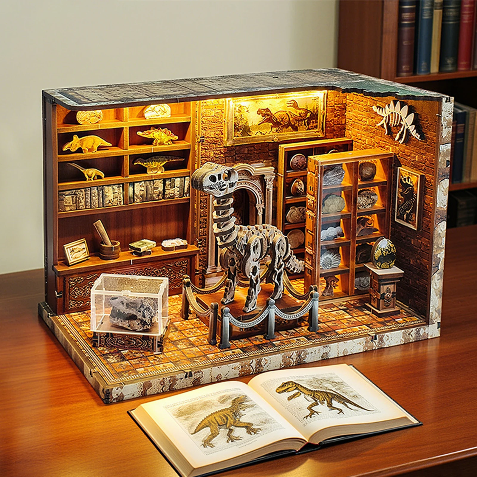 

3D деревянный пазл для взрослых: Лаборатория динозавров, книжный уголок с подсветкой, набор для сборки, кукольный домик, миниатюрный домик своими руками, подарок на день рождения и Рождество