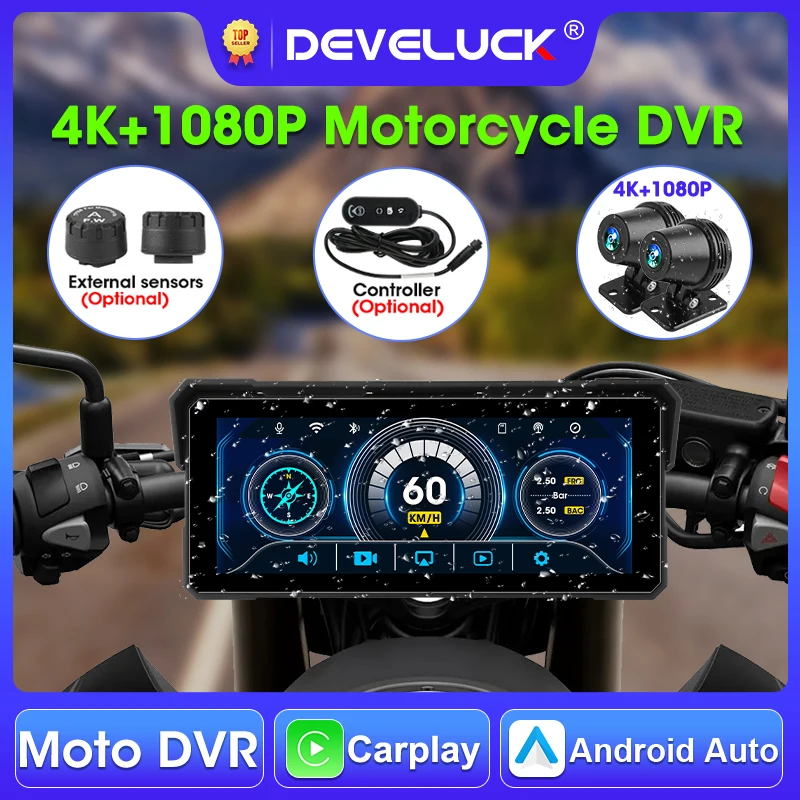

Develuck 8.1" Motorcycle GPS Navigation 4K+1080P DVR Wireless Carplay Android Auto Moto Recorder TPMS Monitor IPX7 Waterproof