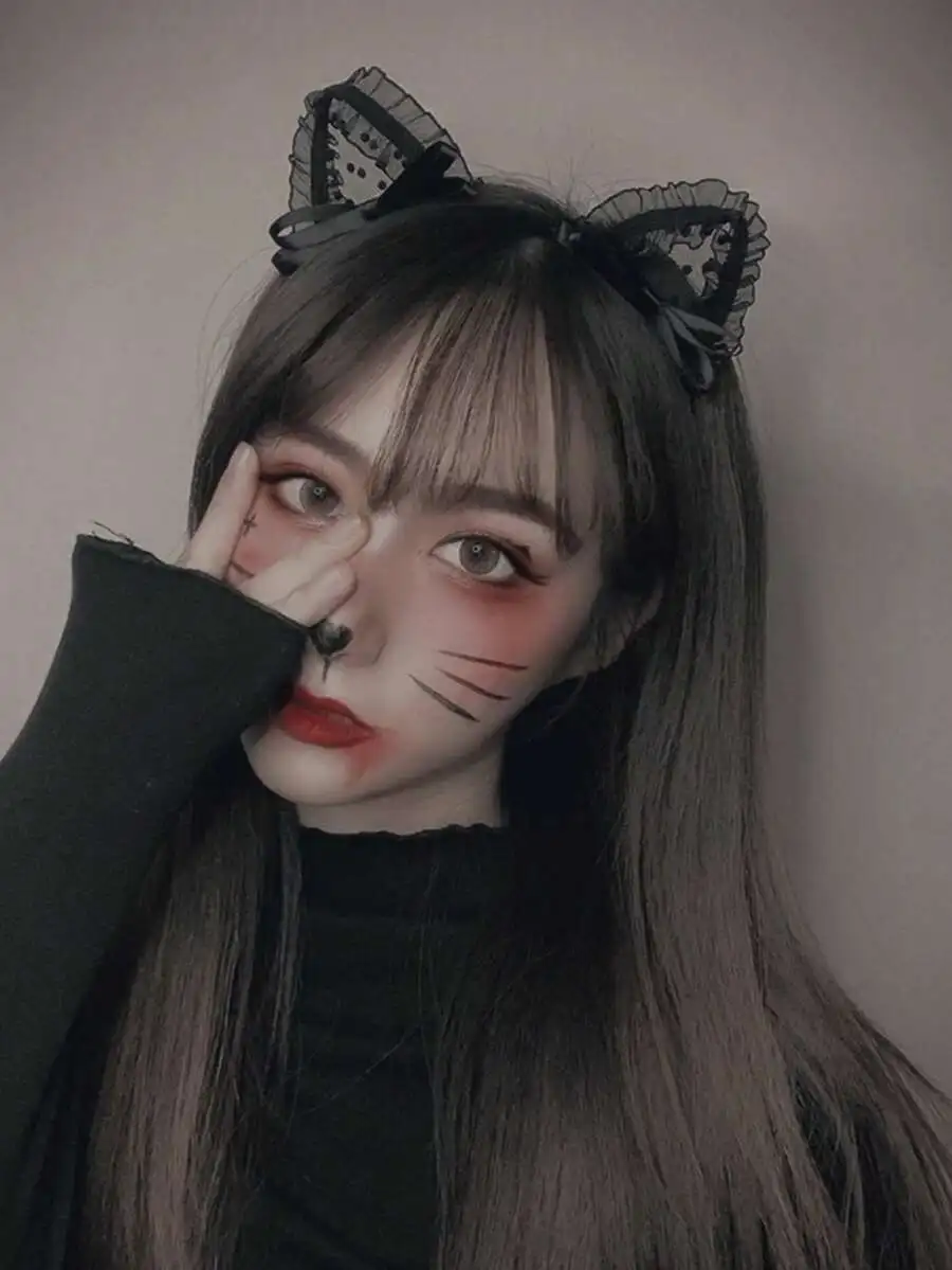 

Black Lace Cat Ear Hair Band For Women, Party Festival Performance Accessory With Ruffled Detail