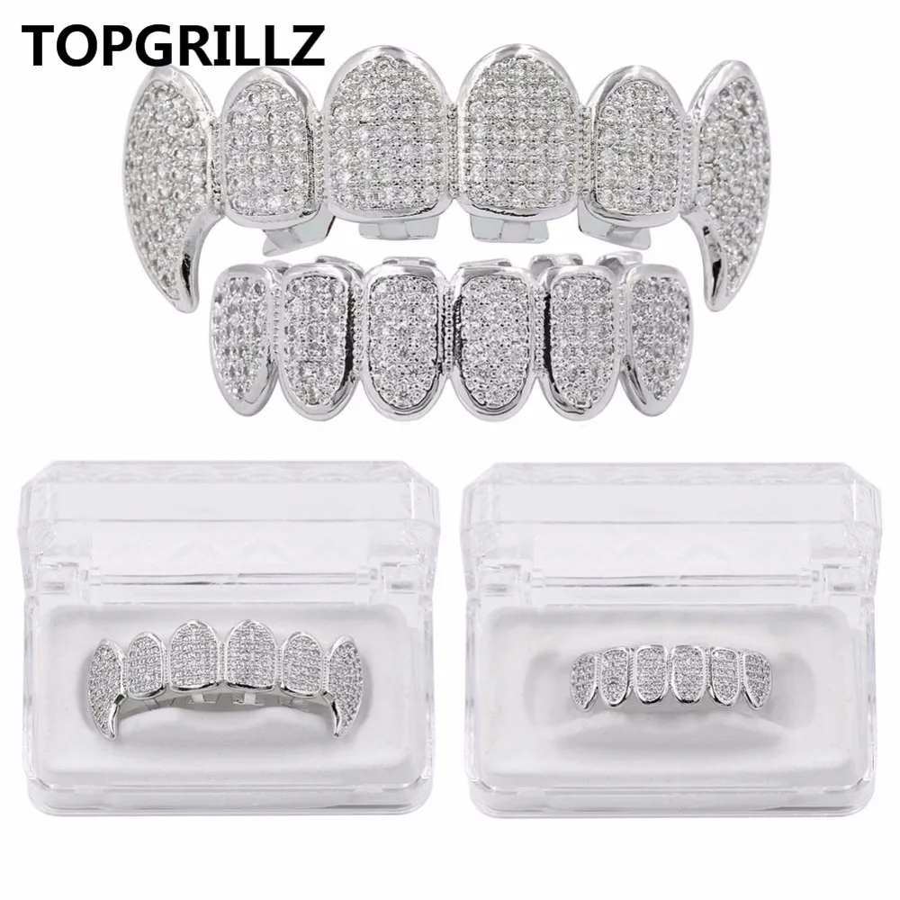 TOPGRILLZ Nuevo Juego de Grillz de Plata y Rodio con Micro Pavé CZ, Dientes de Vampiro Superiores e Inferiores para Hip Hop y Cosplay