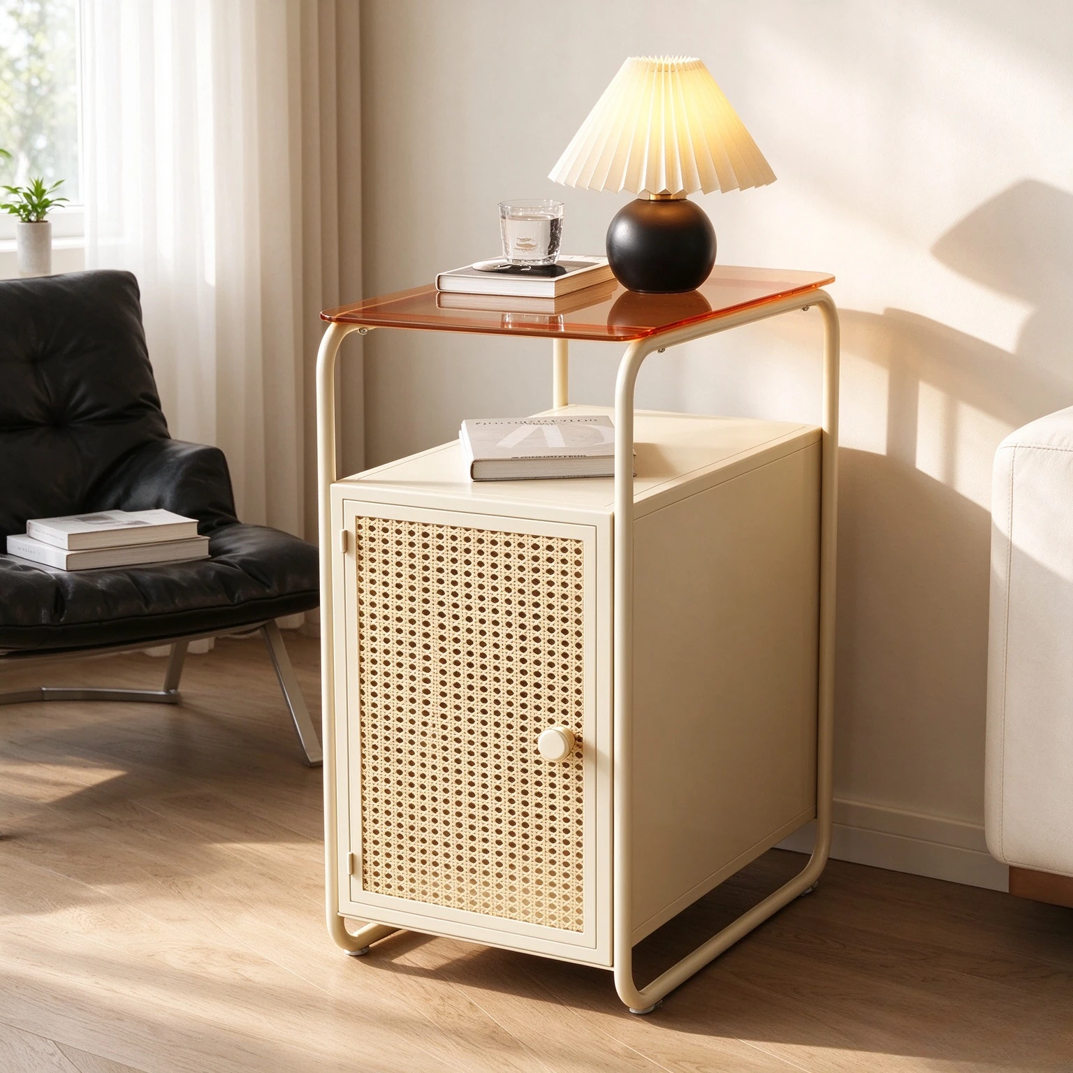 Nordic Inspired Narrow Iron Frame Nightstand, Bedside Storage Cabinet for Bedroom, Living Room and Small Apartment Furniture