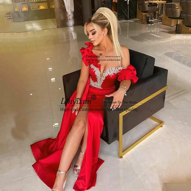 

Red Mermaid Prom Dresses With Appliques Sequins Off The Shoulder Formal Evening Party Gowns Long Sexy Side Slip Robe De Soiree