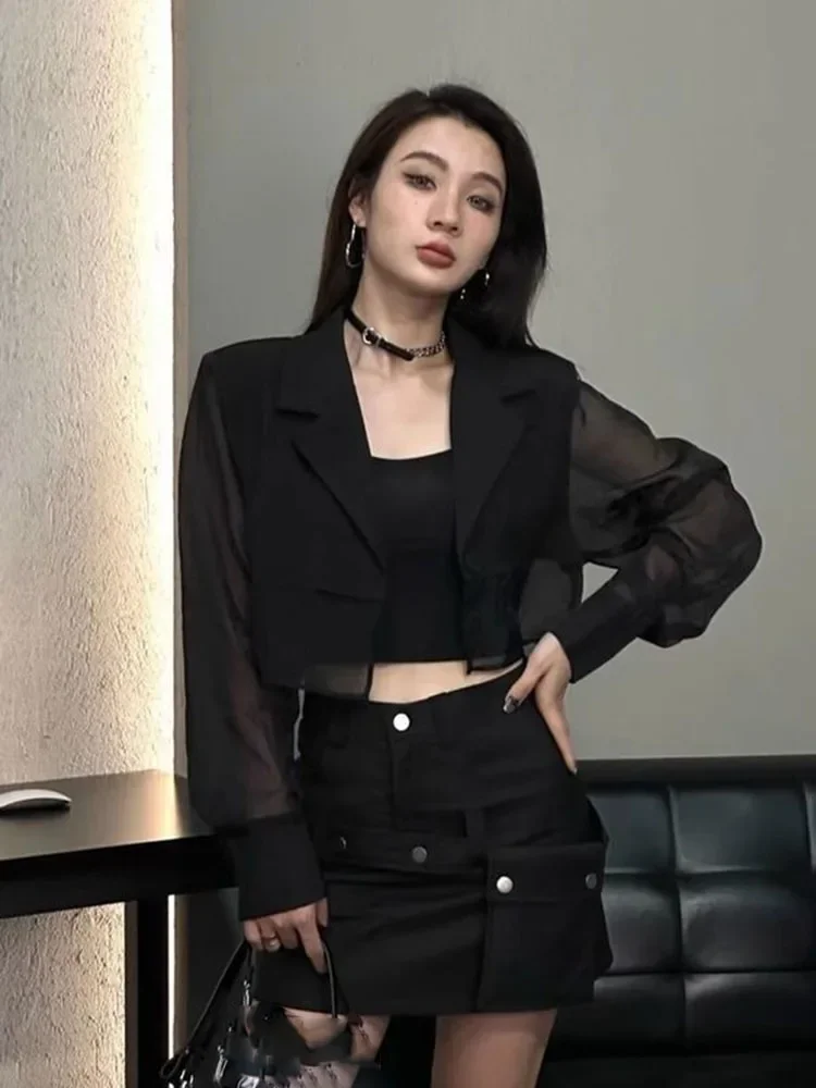 Women Blazers See Through Crop Tops Ins Patchwork Mesh Long Sleeve Sun-proof Fitness Breathable Fashion Korean Style Shirts