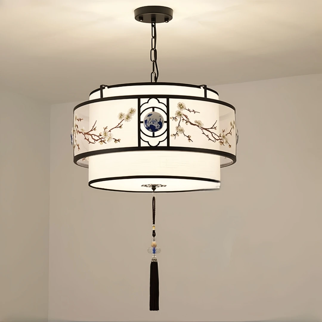 New Chinese Plum Blossom Cylindrical Pendant Light for Dining Room Tea Room Entryway Oriental Zen Elegant Retro Warm Home Decor