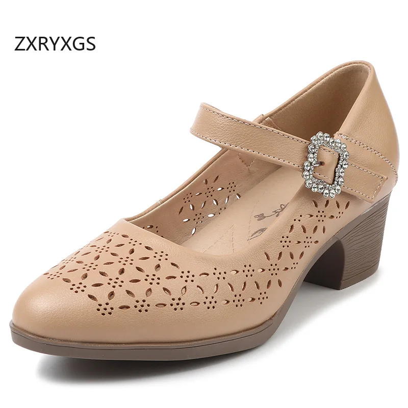 

ZXRYXGS женская модная обувь премиум-класса из воловьей кожи со стразами, новинка 2025, весенне-летняя дышащая обувь большого размера на толстом среднем каблуке