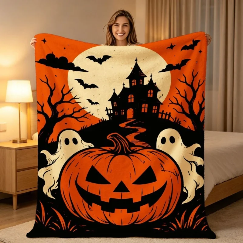 Haunted House Pumpkin Ghost Throw Blanket, Spooky Halloween Printed Soft Warm Flannel Blanket for Sofa Bedroom