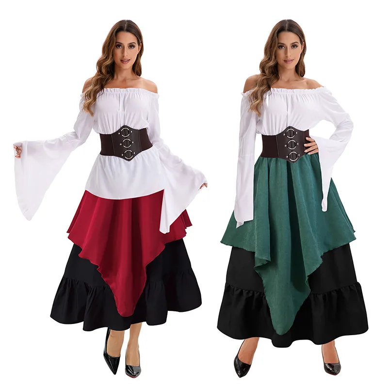 

New Foreign Trade Vintage Medieval Big Swing Skirt Irregular Bustier Top Long Skirt Set Women Festival Play Costume Dresses