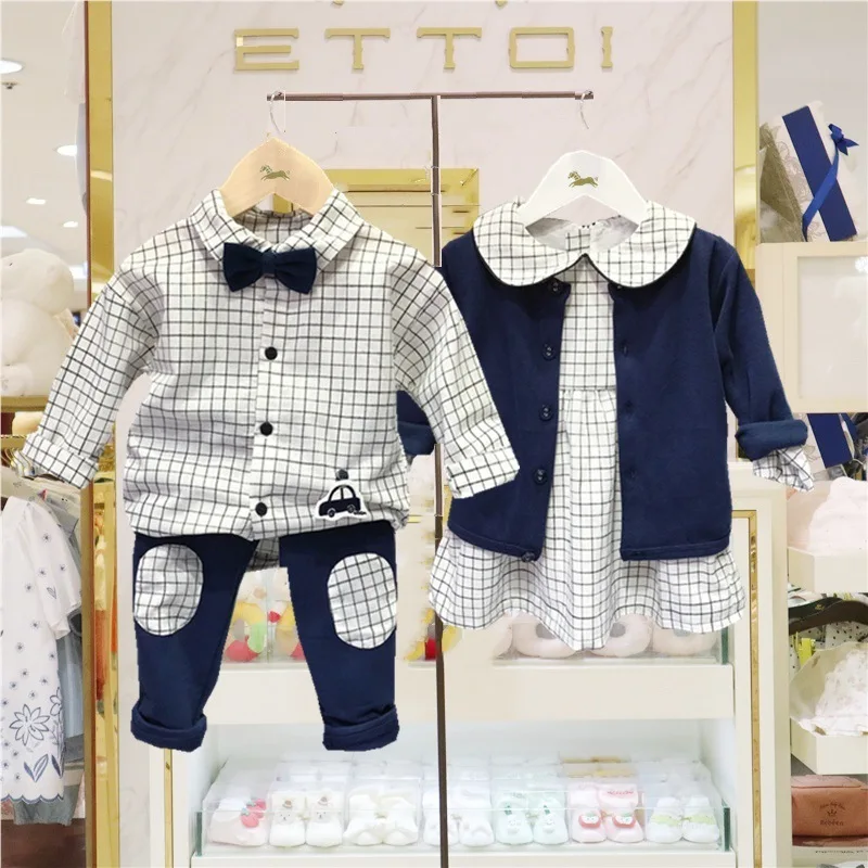 2024 Korean Fashion Sister and Brother Matching Outfits for Baby Kids Early Autumn One-piece Dress and Boys Clothes Suit Set