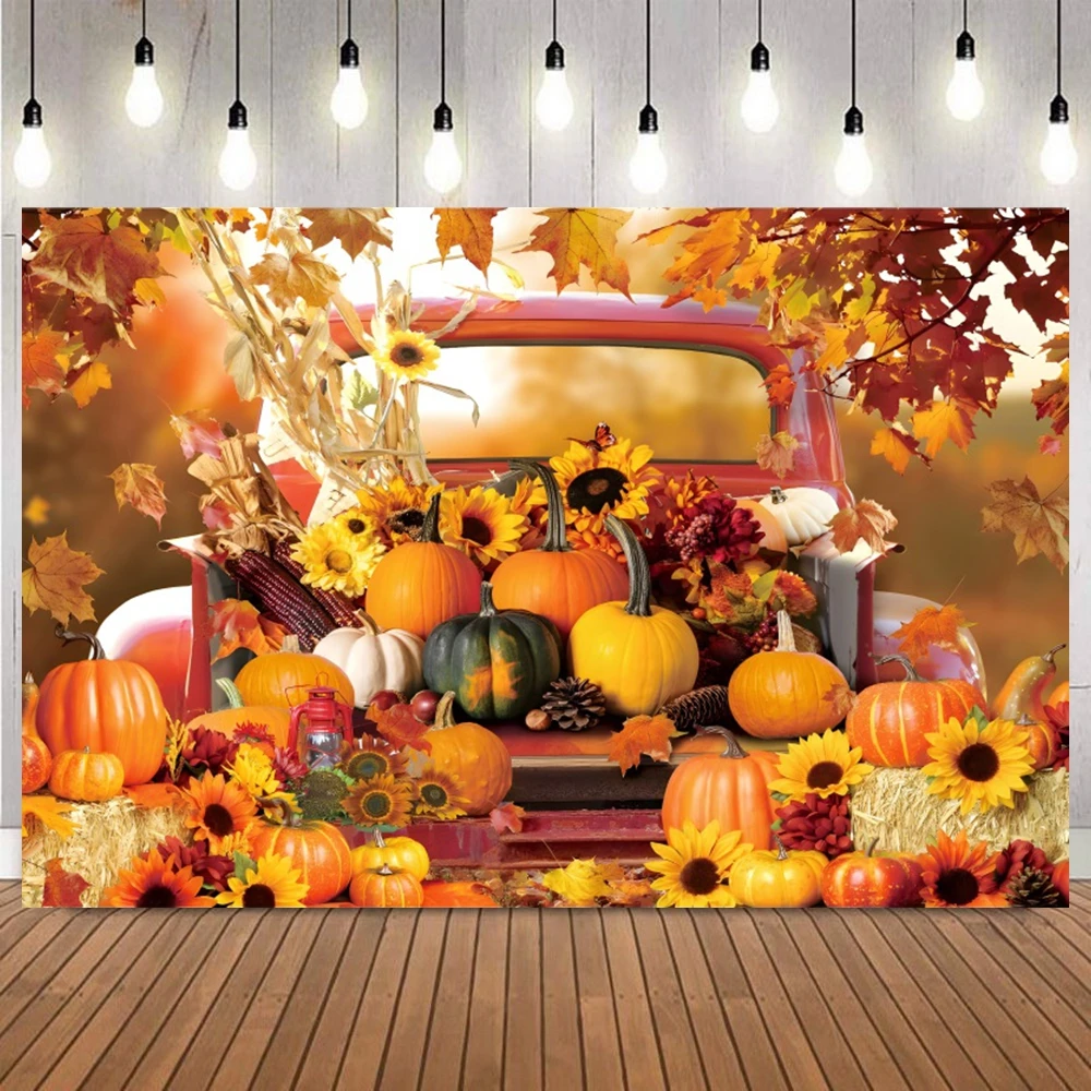 Autumn Party Photography Backdrop Harvested Fall Hay Blocks Maple Leaves Window Barn Door Pumpkin Photo Backgrounds Studio Props