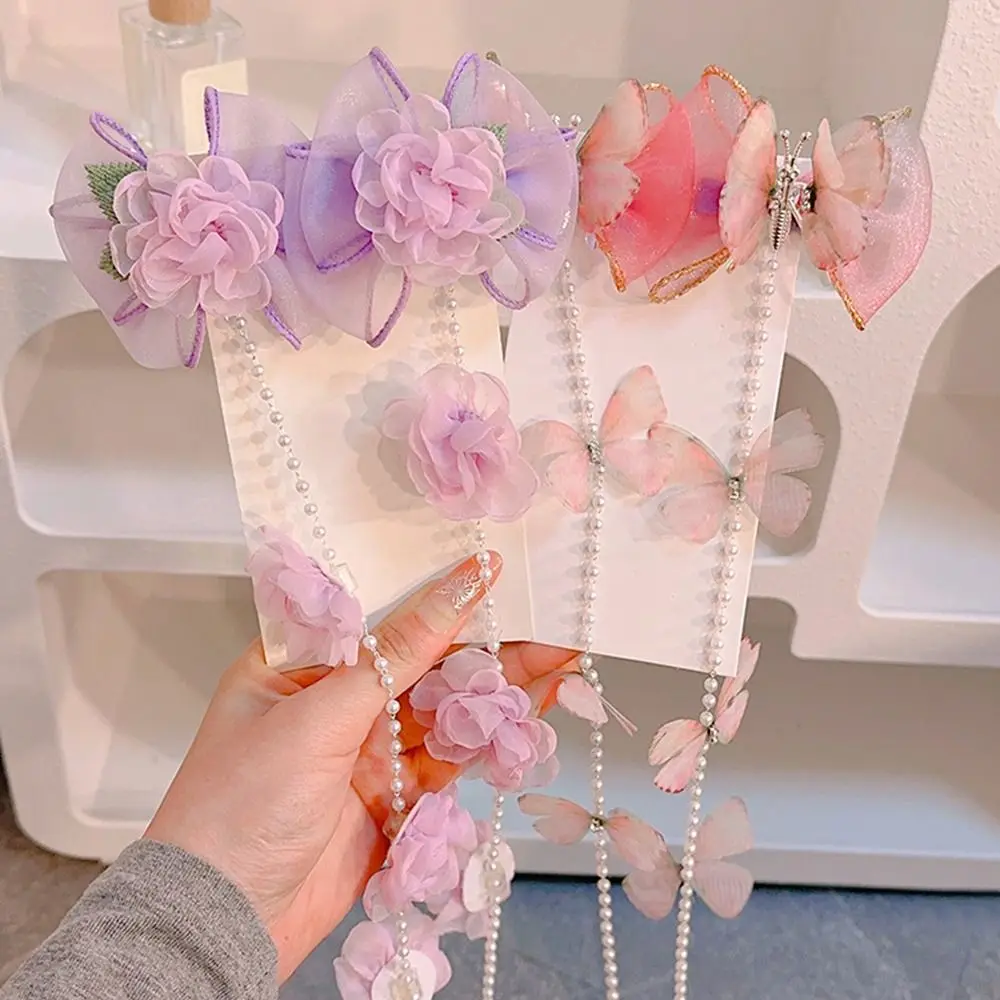Mesh Pearl Braided Hairpin Tassel Headwear Hair Clip Braided Hair Chain Hair Accessories Children Flower Barrettes