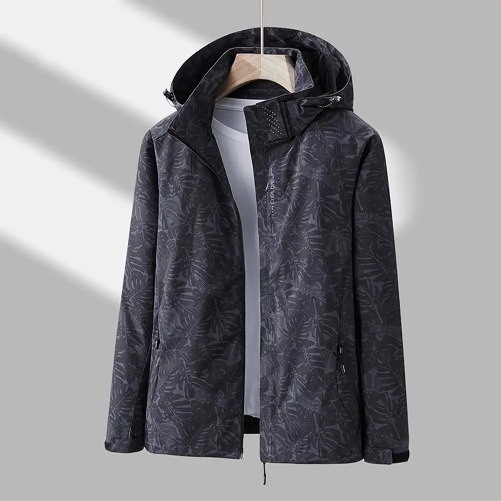 Casual Outerwear Maple Leaves Print Women's Jacket with Detachable Hood Pockets Casual Coat Outwear for Long Sleeve Zipper