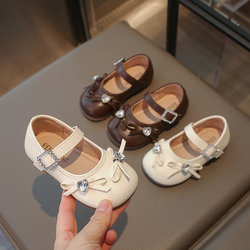 2026 Spring Autumn Little Girls Mary Jane Shoes New Toddler Bow Decor Children Leather Shoes Fashion Rhinestone Kids Flat Shoes