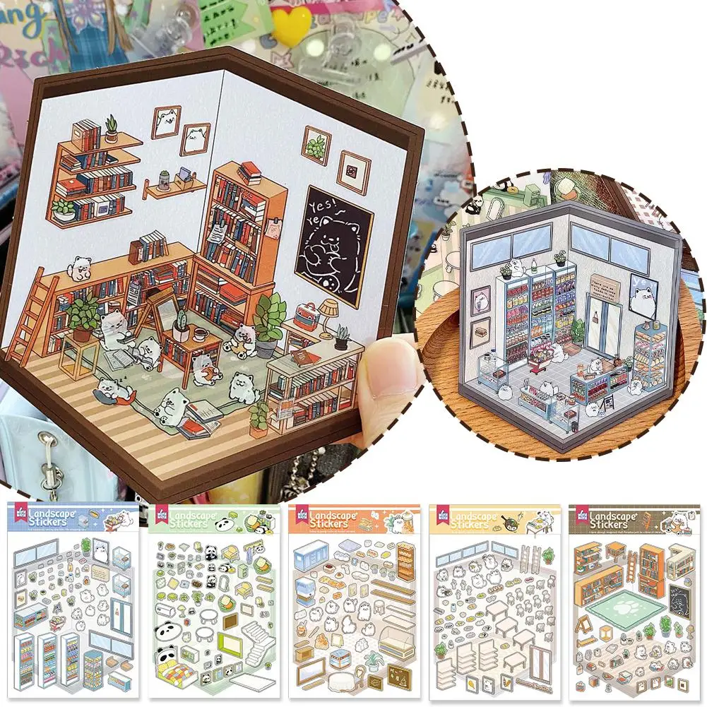 Escena en miniatura de dibujos animados, pegatinas de paisajismo 3D, escena de cabina DIY, apilamiento y pegado, cuenta de mano, regalo bonito para chico G6W5