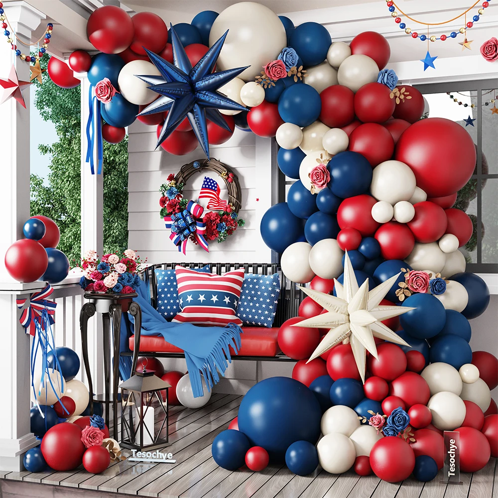 

132Pcs Navy Blue Red White Balloons Garland Arch Kit Graduation Patriotic 4th Of July Independent Day Birthday Party Decorations