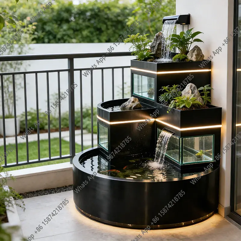 Balcony stainless steel fish pond flower box metal flowing water ornament outdoor terrace courtyard water feature