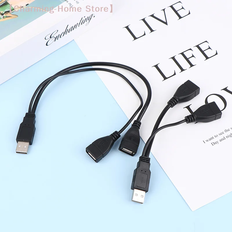 【M】1Pc 15/30cm Male Plug To 2 Female Socket USB 2.0 Extension Line Data Cable Power Adapter Converter Splitter USB 2.0 Cable