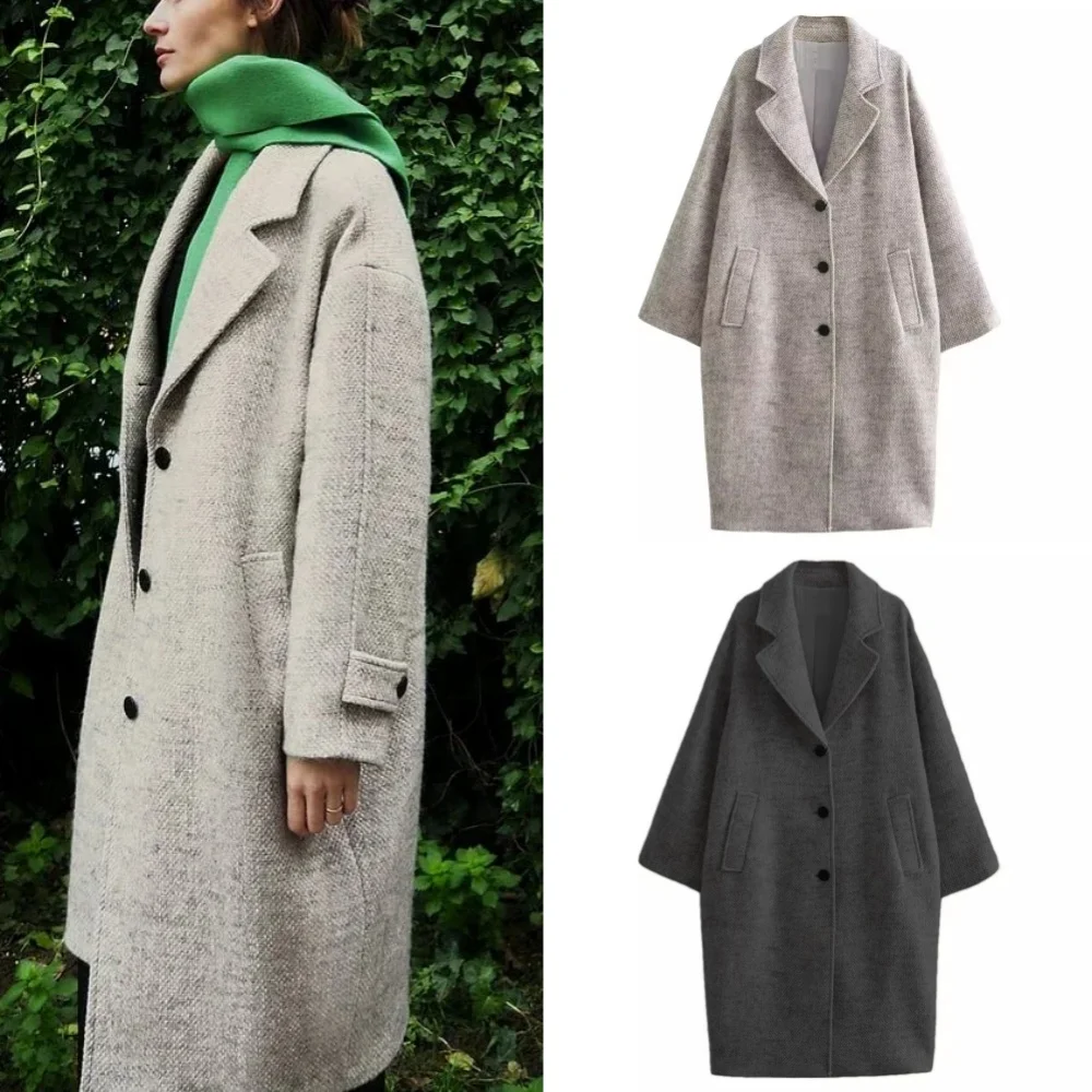 

Women Autumn and Winter Soft Oversized Woolen Coat Long Sleeve Front Welt Pockets Female Outerwear Chic Overcoat Fashion