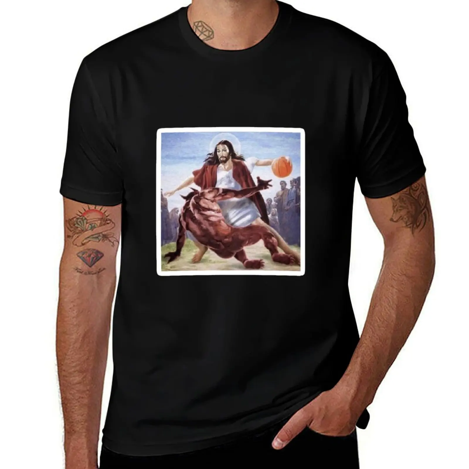 

Jesus Crossing Up Satan Basketball T-Shirt man t shirt graphic man t shirts cotton T-Shirt