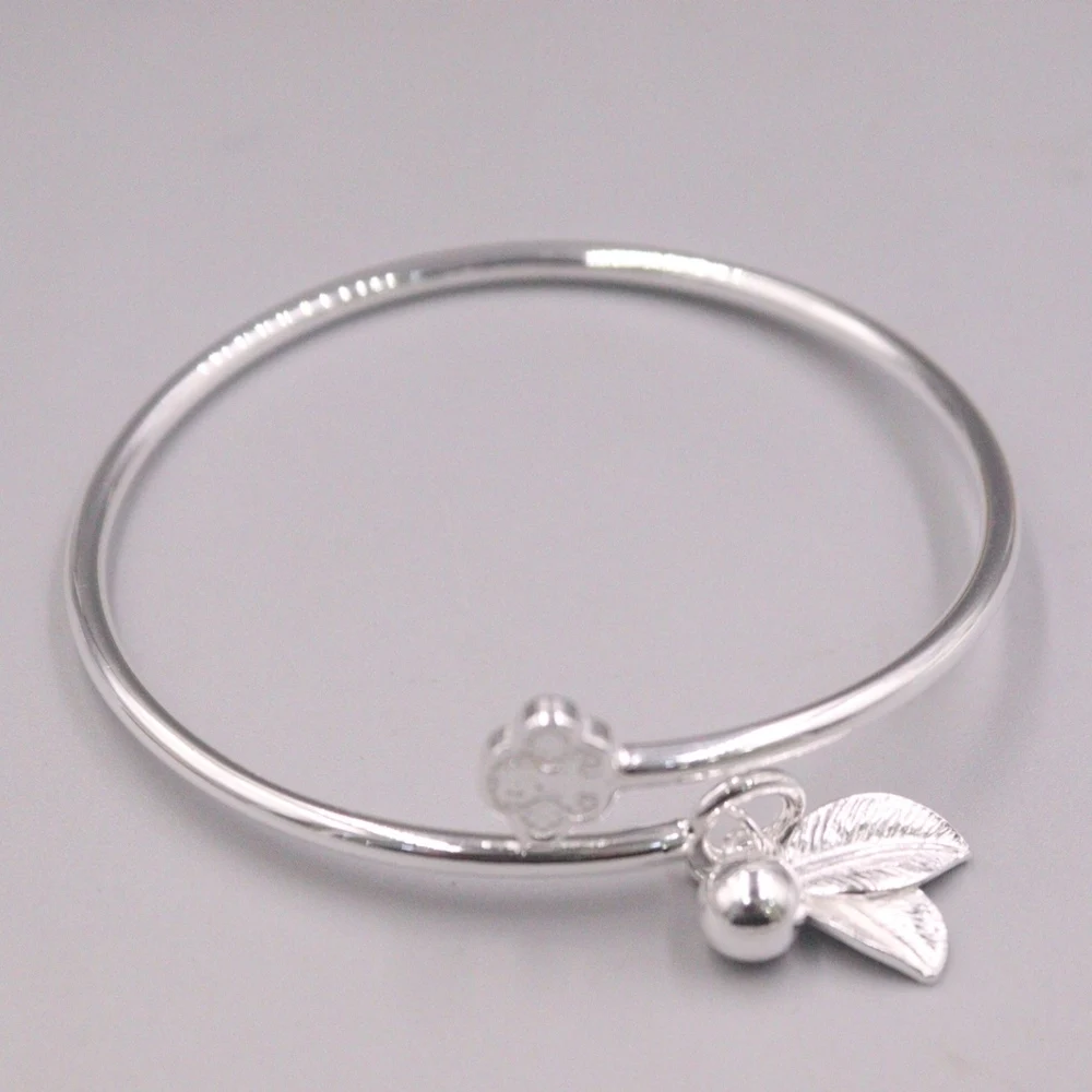 

Real Pure 999 Fine Silver Bangle Women Lucky Bead Leaf Flower Cuff Smooth Bracelet 16-17g