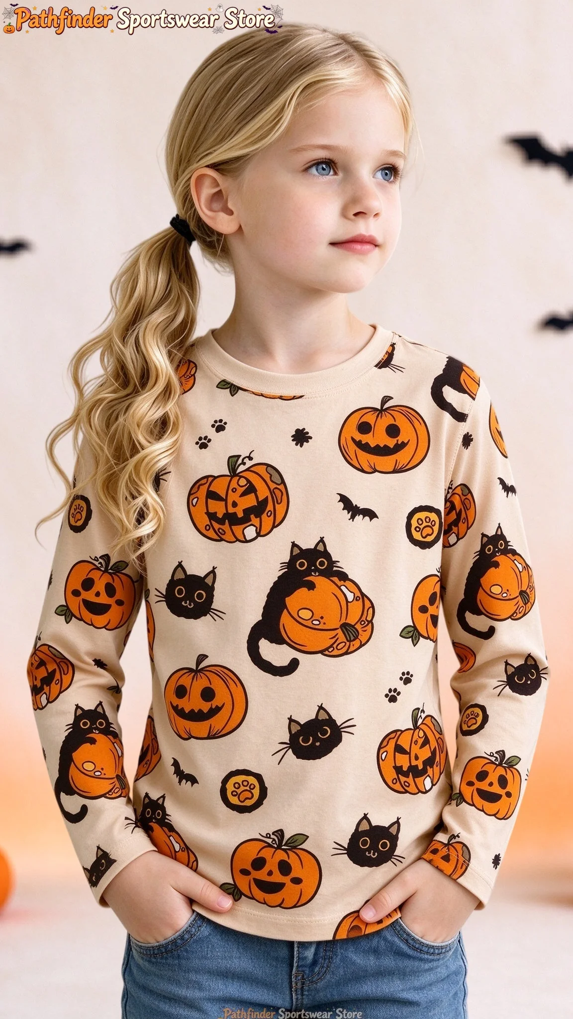 Girls Halloween Long Sleeve Tee Cute Pink Witch Ghost Pumpkin Skull Graphic Crew Neck Sport Top Kids Party Autumn Casual T-Shirt view 4