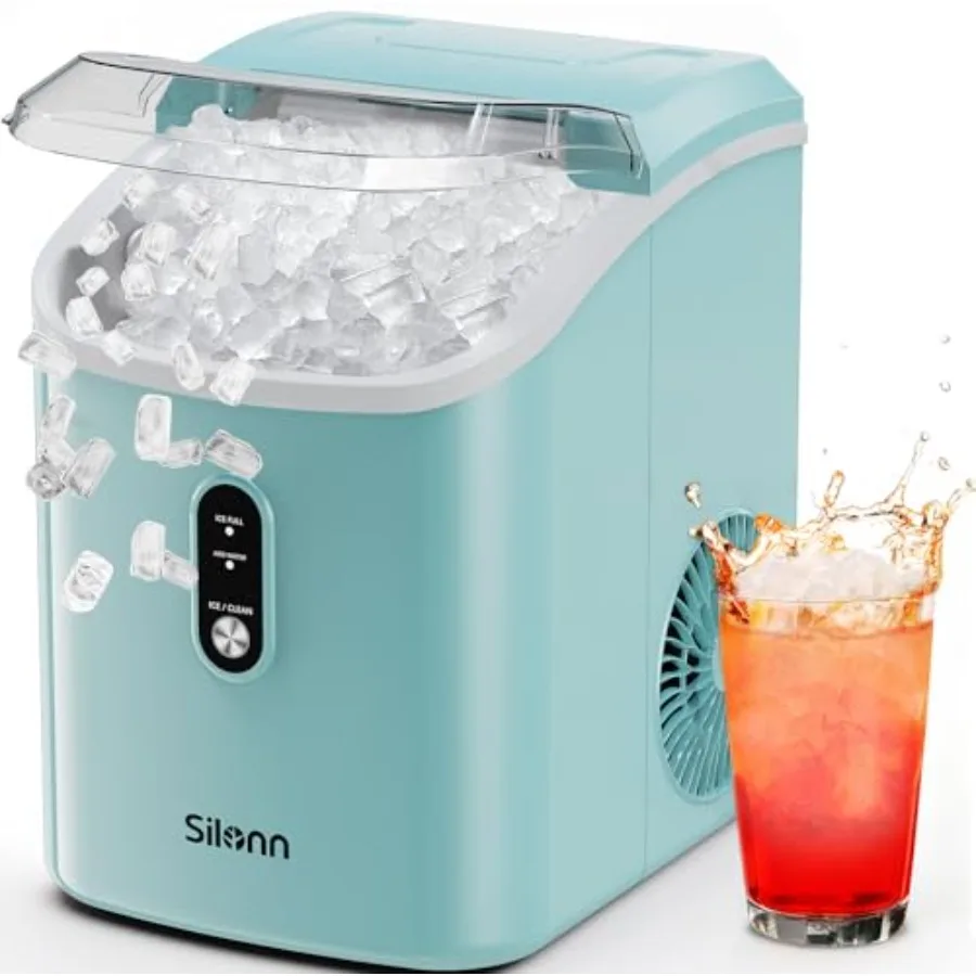 Countertop nugget ice maker for home kitchen and office use, green plastic unit with self-cleaning function, produces chewable