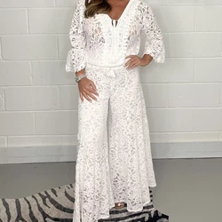 Spring Embroidery Hook Flower Hollow Crochet Set Women 2 Pieces V Neck Tie-up Tassel Top+Wide Leg Pants Outfits Sexy Summer Suit