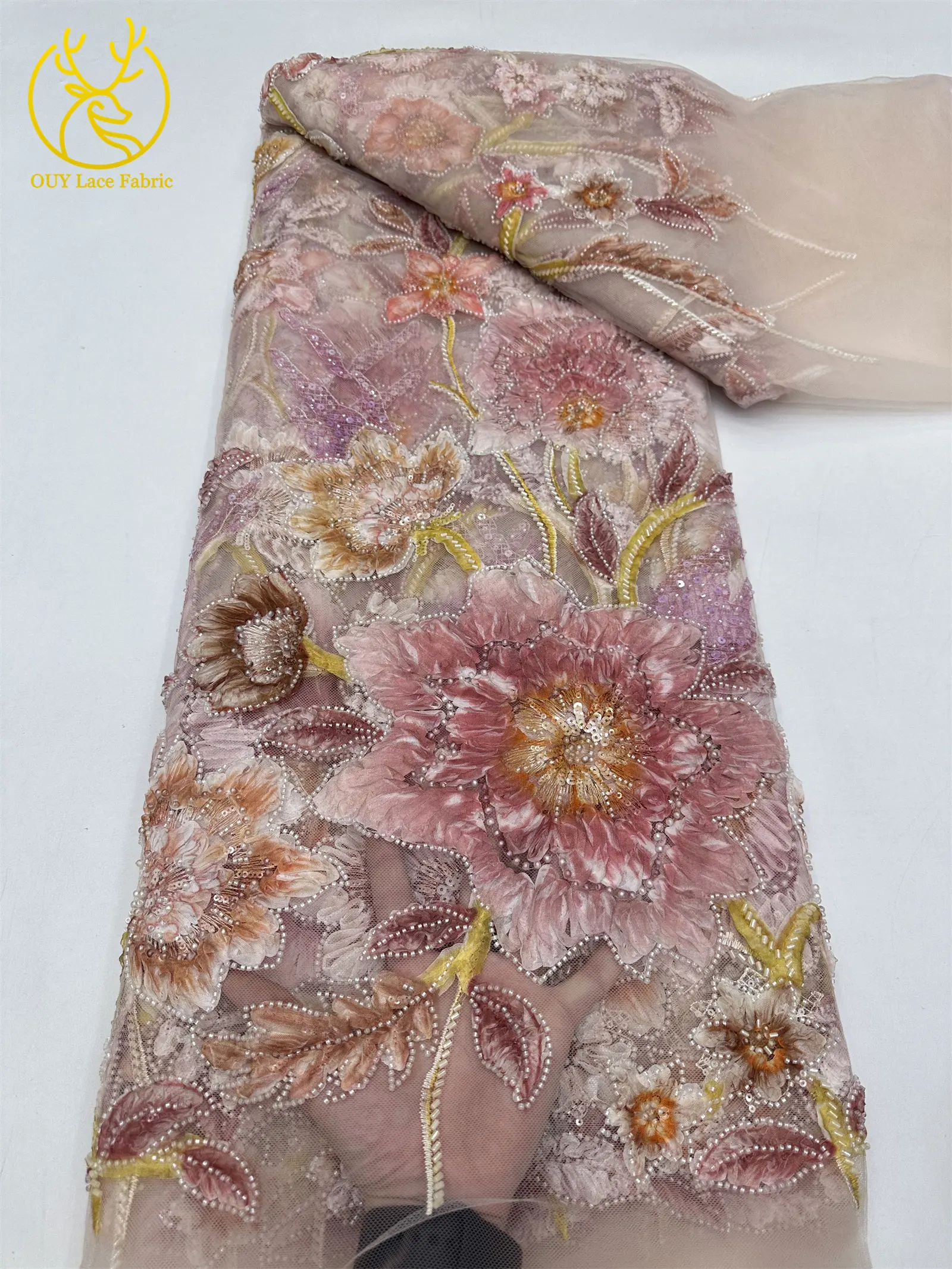 Neuer Stil 3D Blumen-Pailletten-Perlen-Spitzenstoff 2026 Afrikanischer Spitzenstoff Französische Netz-Pailletten-Spitze für Hochzeitskleider zum Nähen – Detail 16