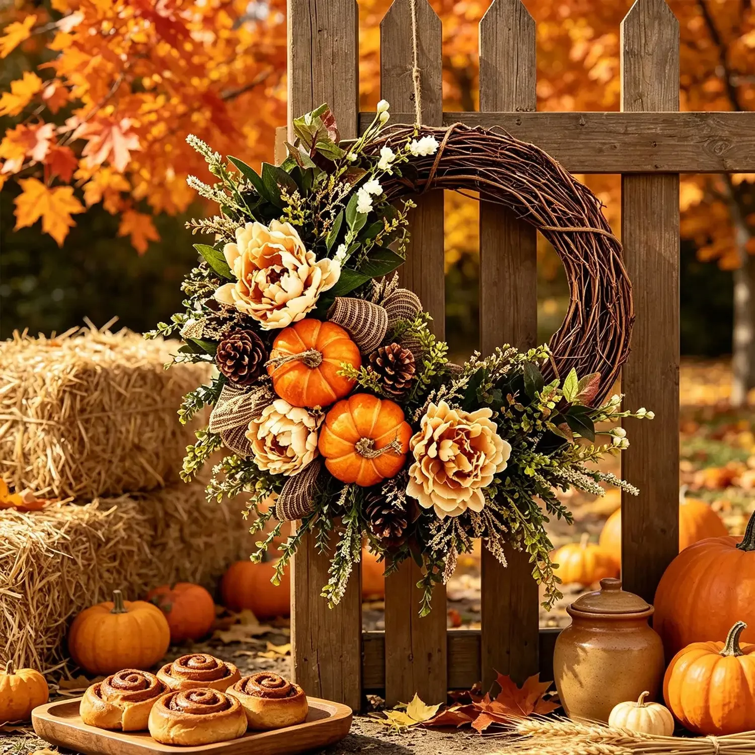 Fall, Thanksgiving Wreaths Decor, Pumpkin Leaves Floral Lovely Doll, Thanksgiving Holiday Decor, Suitable For Front Door, Indoor&Outdoor Decor, Windows, Walls, Family Party, Holiday Party Setup, Winter, Christmas Home Decor, Christmas view 6