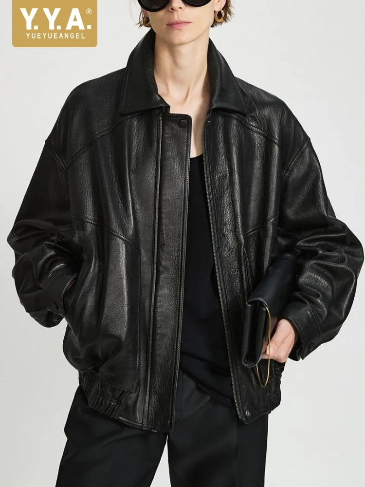Office Female Turn-Down Collar Genuine Leather Jackets Solid Color Sheepskin Long Sleeves Slim Outerwear