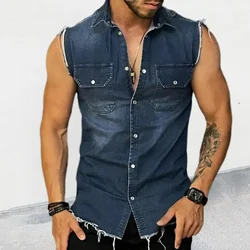 2024 Spring/Summer New Men's Denim T-shirt With Lapel, Sleeveless Cardigan, Single Breasted Top Pocket, Blue Distressed, Washed,
