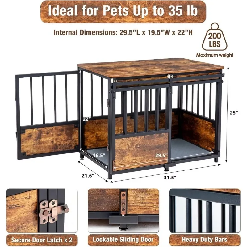 

Dog Crate Furniture with Cushion for Large Medium Dog,Wooden Heavy Duty Dog Kennel with Double Doors,Sliding Door Chew-Resistant
