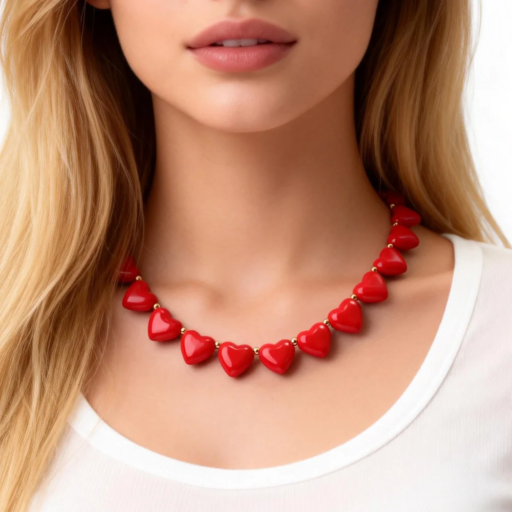 Neue Trendige Acryl-Herz Perlenkette für Frauen Bunte Harz-Liebeskette Valentinstag Schmuck Geschenk – Detail 10