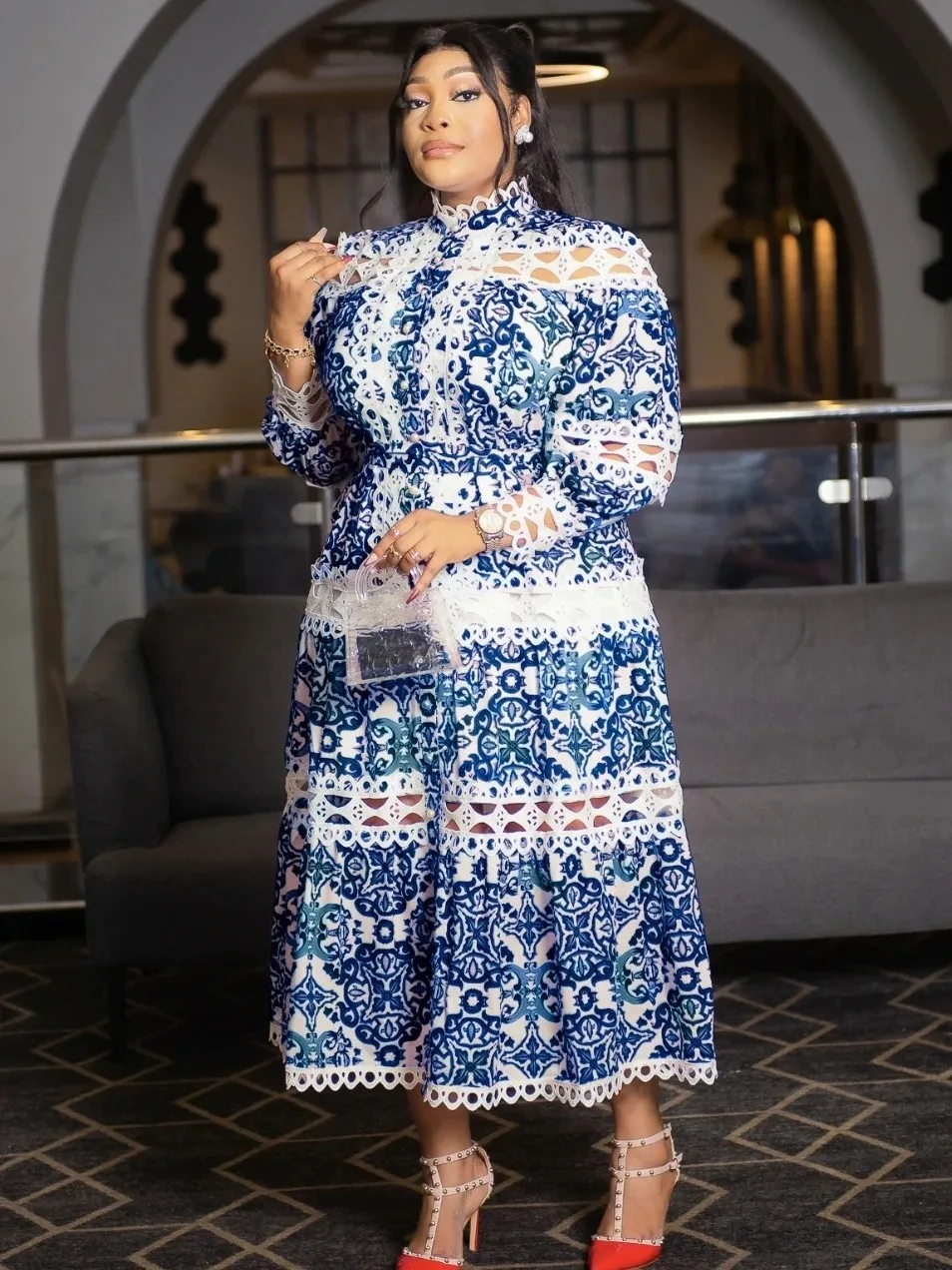 Dress Women Print Long Dresses Lace Floral Mock Neck Full Sleeve Slim Fit Temperament High Waist Vestidos Elegant Splice 2024