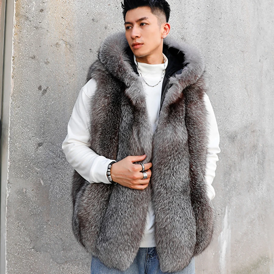 

Men's Fox Fur Coat Warm Winter Fur Vest With Hood Real Fox Fur Jacket Fashion Best Selling