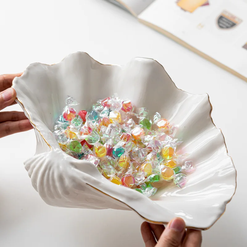 Gold-edged Ceramic Plate Seashell Fruit Bowl Mussel Shell Candy Box Desktop Storage Container Jewelry Tray Home Decoration