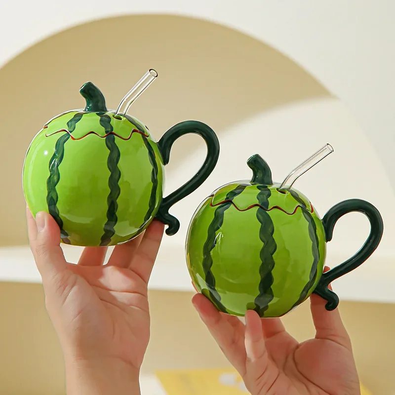 Creative Cute Watermelon Ceramic Straw Mug Original Design Personality Cup for Cold Drinks