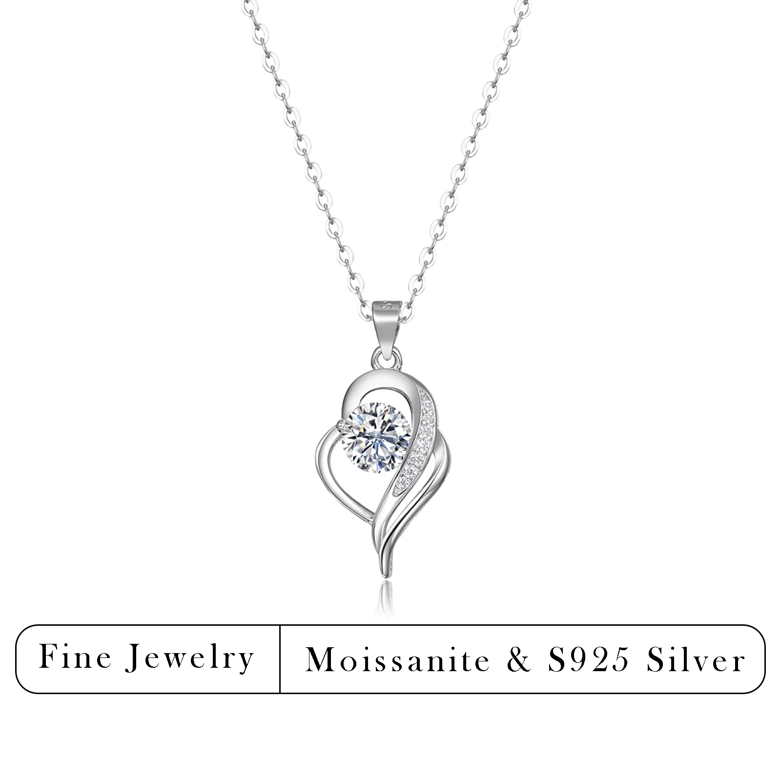 

0.6-3.1 CTW S925 Silver Heart-Shaped Moissanite Pendant Necklace Elegant Curved Wing Design Fine Jewelry Romantic Gift for Her