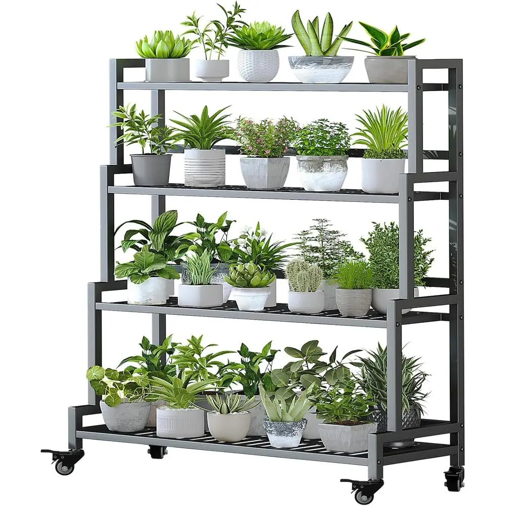

Металлическая 4-ярусная подставка для растений YIZAJIA для дома и улицы, многоярусная этажерка на колесиках для нескольких горшечных растений, лестница-держатель для растений