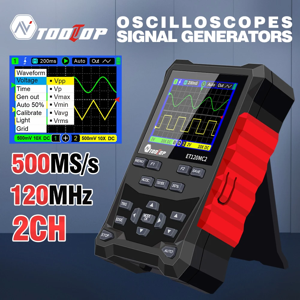 TOOLTOP ET120MC2 dwukanałowy mini oscyloskop cyfrowy 120MHz szerokość pasma 500MSa/S generator sygnału 2 w 1 elektroniczne narzędzie do naprawy