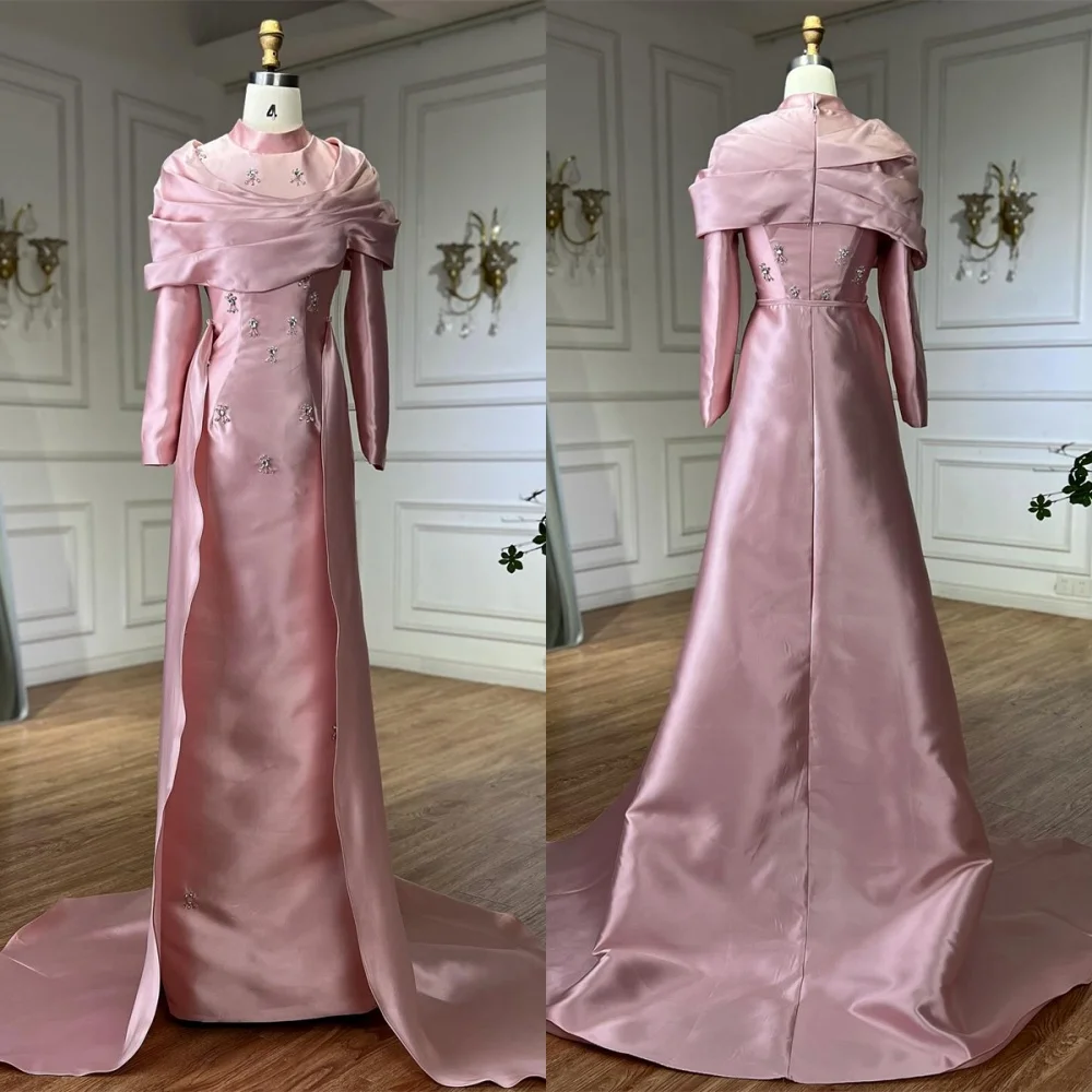 

Customized Modern Champagne Satin Evening Dress Elegant High Neckline Long Sleeves Zipper Back Crystal Special Occasion Gowns