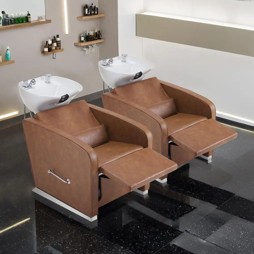 Adjustable Shampoo Chair with Bowl Set, 9303 Brown, 330 lbs Capacity, Wall/Floor Drainage for Salon and Spa