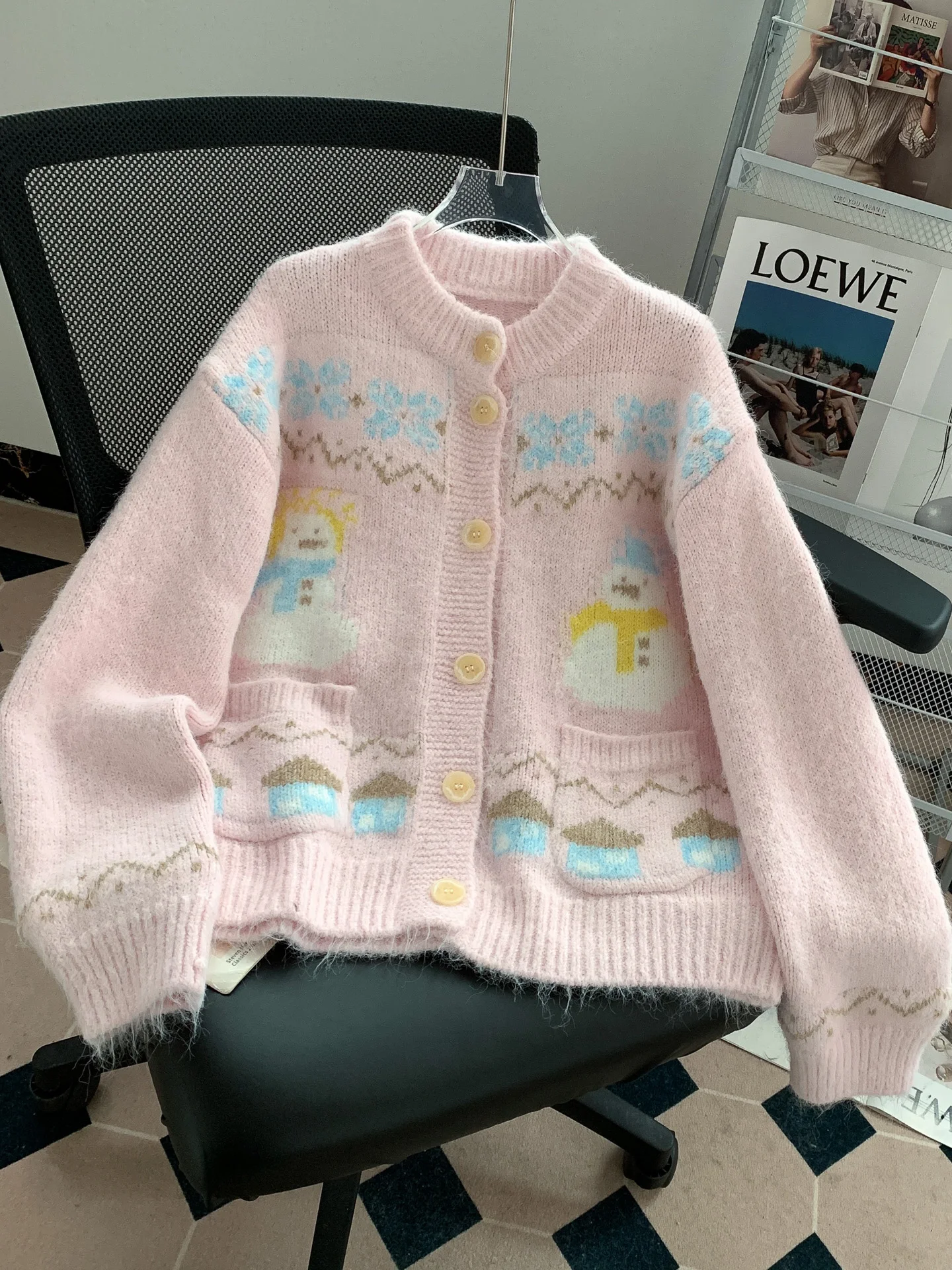 

Frosty the Snowman Jacquard Women' Sweater 2025 Autumn Winter New Pink Sweet Long Sleeve Knitted Cardigan Loose Lazy Style Coats