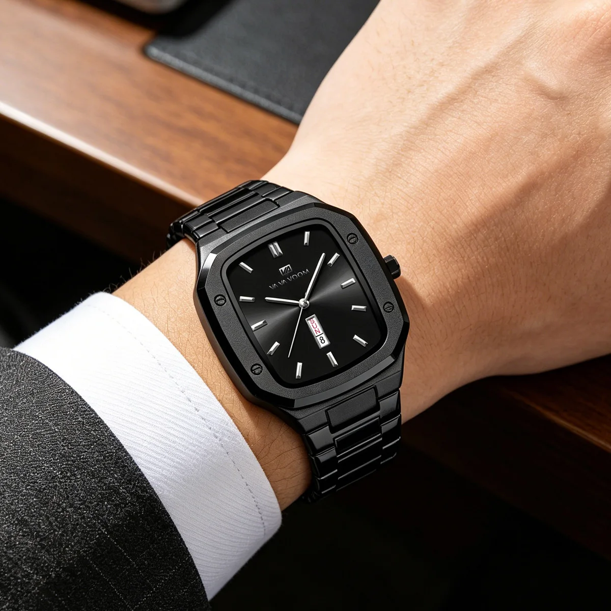 Square Men Watch Stainless Steel Strap Silver Case 45.2mm Quartz Movement Clock Suitable Business Travel & Leisure Sports Watch