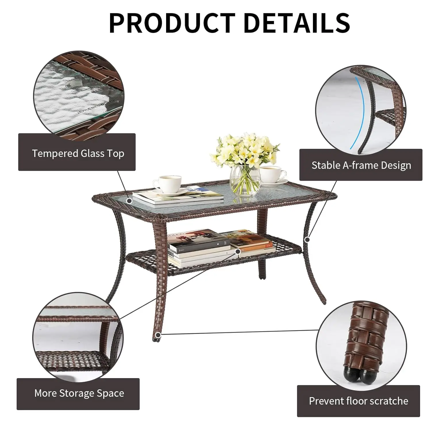 Outdoor Coffee Table With Storage Wicker Patio Coffee Table, Tempered Glass Top Coffee Table For Patio Outside Balcony Porch Dec